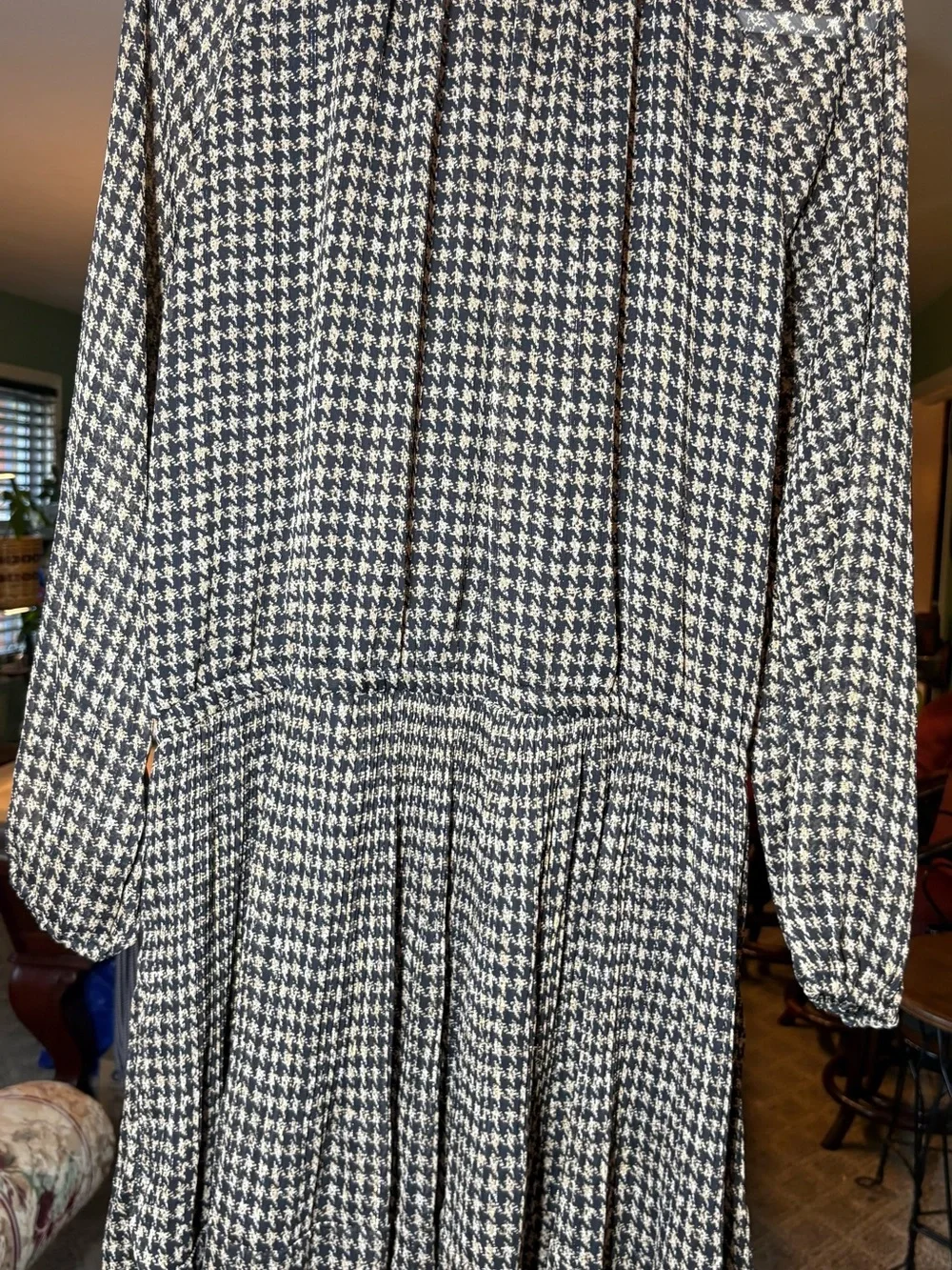 Michael Kors Black Gold Metallic Houndstooth Pleated Chiffon Dress XXL